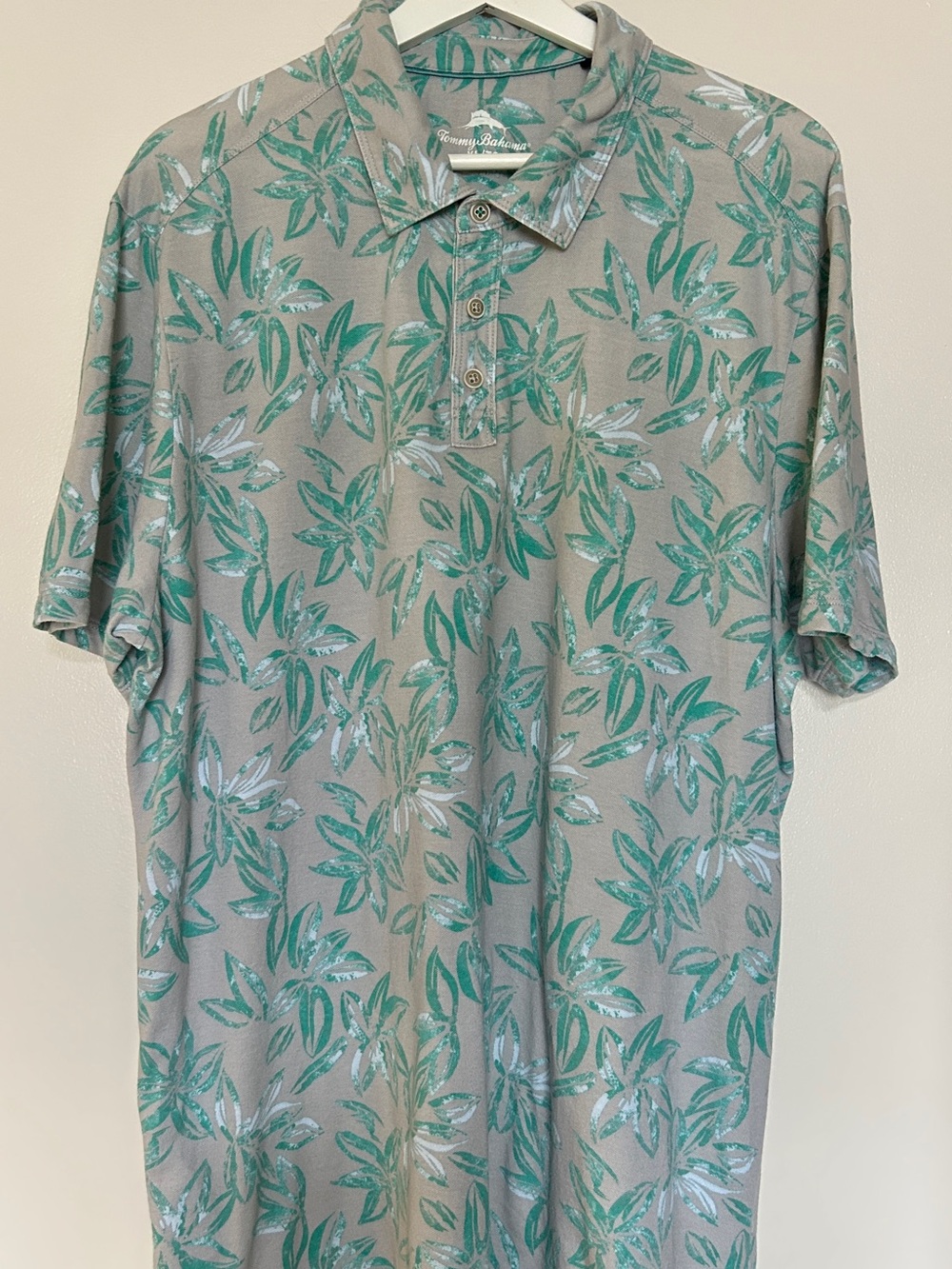 Tommy Bahama Green Leaf-Print Polo on Gray Base XL/TG